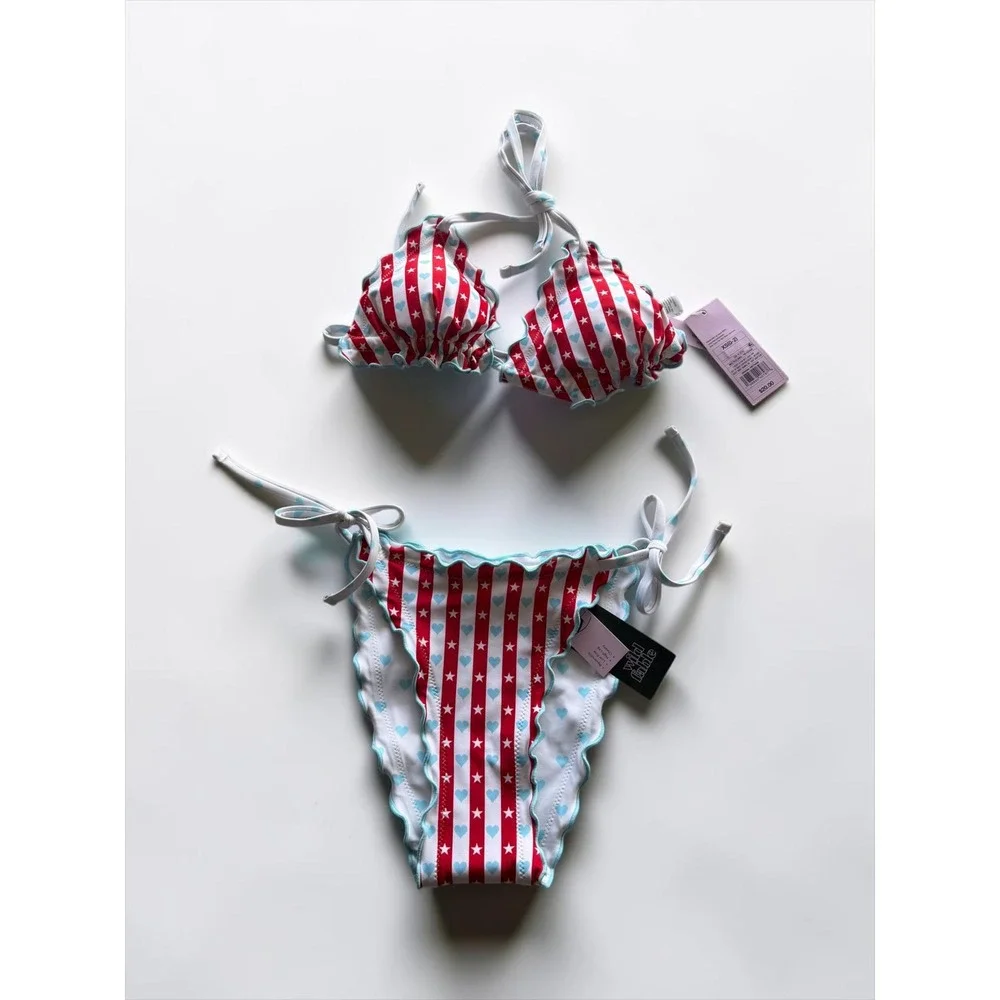 Wild Fable Reversible Bikini Set XS Stars Stripes Hearts Ruffle Americana NWT